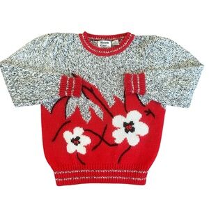 Vintage 80s 90s Gray Black & Red Flower Print Abstract Knit Sweater Size Medium
